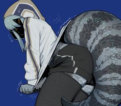 Rule 34 | 1girl, = =, black shorts, blue-tongued skink, blue-tongued skink (sparrowl), blue background, claws, colored skin, fine fabric emphasis, flying sweatdrops, from side, grey hair, grey skin, grey thighhighs, gym shorts, highres, hood, hood up, hoodie, hoodie pull, large tail, leaning forward, lifted by tail, lizard tail, long sleeves, monster girl, multicolored skin, original, reptile girl, scales, shorts, signature, simple background, solo, sparrowl, standing, struggling, tail, thighhighs, trembling, two-tone skin, undersized clothes