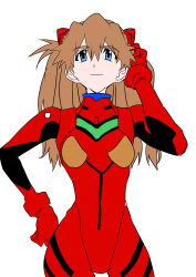Rule 34 | 1girl, absurdres, blue eyes, bodysuit, breasts, brown hair, curvy, expressionless, eywy4324, hair between eyes, hair ornament, hand in own hair, hand on own hip, highres, long hair, looking at viewer, medium breasts, neon genesis evangelion, plugsuit, red bodysuit, simple background, skin tight, solo, souryuu asuka langley, two side up, white background, wide hips