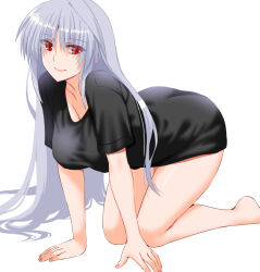 Rule 34 | 1girl, all fours, black shirt, breasts, cleavage, closed mouth, engo (aquawatery), large breasts, long hair, looking at viewer, lyrical nanoha, mahou shoujo lyrical nanoha, mahou shoujo lyrical nanoha a&#039;s, red eyes, reinforce, shirt, simple background, smile, solo, white background, white hair