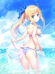 Rule 34 | 1girl, :o, absurdres, ahoge, arched back, ass, back, bad id, bad twitter id, bare arms, bare shoulders, bikini, blonde hair, blue bikini, blue eyes, blue ribbon, blue sky, blush, breasts, bubble, caustics, cloud, cloudy sky, commentary, dana (hapong07), day, floating hair, hair ribbon, halterneck, highres, holding, horizon, long hair, looking at viewer, looking back, medium breasts, ocean, original, outdoors, parted lips, ponytail, ribbon, sarong, see-through, sidelocks, sky, solo, standing, striped bikini, striped clothes, swimsuit, thighs, wading, water, water drop, wet