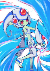 Rule 34 | 1girl, blue one-piece swimsuit, clothing cutout, digimon, digimon (creature), fins, frog girl, helmet, looking at viewer, monster girl, navel cutout, one-piece swimsuit, ranamon, red eyes, shiny skin, swimsuit