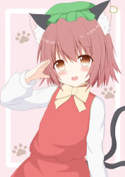 Rule 34 | 1girl, :d, animal ear fluff, animal ear piercing, animal ears, arm at side, arm up, blush, bow, bowtie, brown eyes, brown hair, cat ears, chen, commentary request, dot nose, earrings, fang, flat chest, hair between eyes, highres, jewelry, long sleeves, looking at viewer, open mouth, paw print, paw print background, pink background, puffy long sleeves, puffy sleeves, red skirt, red vest, ryosuke0621, short hair, simple background, single earring, skirt, skirt set, smile, solo, touhou, vest, white bow, white bowtie