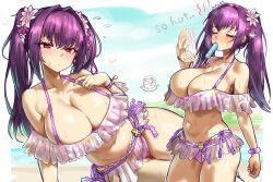 Rule 34 | 1girl, absurdres, bikini, blush, bracelet, breasts, cleavage, closed eyes, ebora, fanning self, fate/grand order, fate (series), flower, flower on head, food, highres, huge breasts, jewelry, looking at viewer, navel, popsicle, purple hair, red eyes, scathach (fate), scathach skadi (fate), scathach skadi (swimsuit ruler) (fate), scathach skadi (swimsuit ruler) (first ascension) (fate), stomach, sweat, swimsuit, thighs, twintails