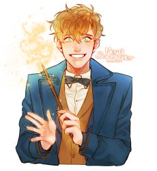 Rule 34 | 1boy, blue eyes, bow, bowtie, brown hair, character name, chunsik, dated, fantastic beasts and where to find them, green eyes, harry potter (series), male focus, newt scamander, simple background, solo, sparkle, teeth, upper body, wand, white background, wizarding world