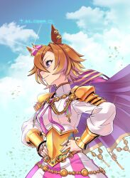 Rule 34 | 1girl, animal ears, armor, as&#039;maria, breasts, cardigan, closed mouth, cloud, commentary, corset, crown, day, ear piercing, english commentary, glint, hair between eyes, hands on own hips, highres, horse ears, jewelry, long sleeves, mini crown, multiple rings, orange hair, outdoors, piercing, pink cardigan, purple eyes, ring, shirt, short hair, shoulder armor, signature, skirt, small breasts, smile, solo, standing, t.m. opera o (umamusume), turtleneck, two-tone skirt, umamusume, upper body, white shirt, wind