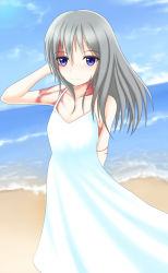 Rule 34 | 1girl, arm behind back, bare shoulders, beach, blue eyes, blue sky, blush, burn scar, cloud, collarbone, day, dorei to no seikatsu ~teaching feeling~, dress, grey hair, hand in own hair, highres, long hair, looking at viewer, md5 mismatch, ocean, outdoors, resolution mismatch, revision, robu (ms08bb), scar, sky, smile, solo, source smaller, sundress, sylvie (dorei to no seikatsu), white dress