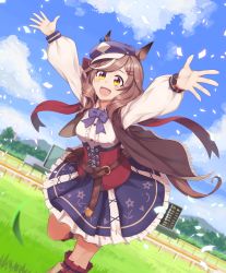 Rule 34 | absurdres, animal ears, belt pouch, blurry, blurry background, blush, bow, breasts, brown hair, cabbie hat, commentary request, confetti, grass, hair ornament, hairclip, hat, highres, horse ears, horse girl, horse tail, jacket, leg up, matikane tannhauser (umamusume), medium breasts, medium hair, open mouth, pouch, racetrack, row (kentaro 0904), shirt, skirt, sky, smile, tail, umamusume, yellow eyes