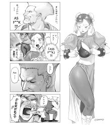 Rule 34 | 1girl, 2boys, boots, bra, bracelet, breasts, capcom, chinese clothes, chun-li, comic, conto, earrings, embarrassed, guile, highres, japanese text, jewelry, jumpsuit, luke (street fighter), luke sullivan, multiple boys, one breast out, open clothes, panties, pantyhose, spiked bracelet, spikes, street fighter, translation request, underwear