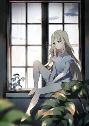 Rule 34 | 1girl, barefoot, between legs, blonde hair, blue eyes, blurry, closed mouth, cloud, commentary, depth of field, dress, expressionless, full body, hair between eyes, hand between legs, highres, long hair, looking outside, muntins, negiyan, plant, potted plant, rachel gardner, rain, satsuriku no tenshi, short dress, short sleeves, sideways glance, sitting, solo, symbol-only commentary, white dress, window