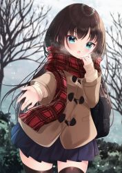 Rule 34 | 1girl, bag, bare tree, beige sweater, black hair, black thighhighs, blue eyes, blue skirt, blurry, blurry background, blush, breath, brown coat, coat, commentary request, day, depth of field, duffel coat, enpera, fringe trim, highres, jacket, long hair, long sleeves, mirai (happy-floral), open mouth, original, outdoors, outstretched arm, plaid, plaid scarf, pleated skirt, puffy long sleeves, puffy sleeves, red scarf, scarf, school bag, school uniform, skirt, sleeves past wrists, solo, sweater, thighhighs, tree, zettai ryouiki