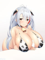 Rule 34 | 1girl, alternate breast size, alternate costume, animal ears, animal print, azur lane, bell, bent over, between breasts, bikini, bottle, breasts, brown eyes, cleavage, cow ears, cow girl, cow horns, cow print, cowbell, hair between eyes, highres, horns, huge breasts, kokonoe misui, leaning forward, long hair, looking at viewer, milk bottle, mole, mole on breast, multicolored hair, prinz eugen (azur lane), red hair, silver hair, simple background, solo, spaghetti strap, streaked hair, swimsuit, two-tone hair, very long hair, white background