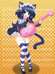 Rule 34 | 10s, 1girl, ;d, animal ears, bell, black hair, blush, bow, cat ears, cat tail, curly hair, cyan (show by rock!!), dress, fang, green eyes, guitar, hair ribbon, hairband, heart guitar, instrument, jingle bell, lolita fashion, lolita hairband, looking at viewer, motonaga hiroya, musical note, one eye closed, open mouth, pink bow, quaver, ribbon, show by rock!!, smile, solo, strawberry heart (show by rock!!), striped clothes, striped thighhighs, tail, thighhighs, treble clef, zettai ryouiki