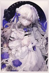 Rule 34 | 1girl, absurdres, aegyo sal, black gemstone, bow, curly hair, dress, ear piercing, eyelashes, flower, frills, gem, glasses, gradient hair, grey eyes, grey hair, hair between eyes, hair bow, hair ornament, hair over shoulder, hand up, head tilt, highres, isshiki shime, jewelry, leaf, lily of the valley, long hair, long sleeves, looking at viewer, monocle, moon, moon phases, multicolored hair, night, night sky, original, parted lips, piercing, pink flower, puffy sleeves, purple bow, purple flower, ring, sidelocks, sky, solo, solo focus, star (symbol), very long hair, white bow, white dress, white flower, white hair, wispy bangs