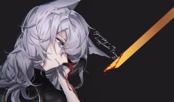 Rule 34 | 1girl, absurdres, animal ears, arknights, black background, blood, commentary, grey eyes, head tilt, highres, huge filesize, lappland (arknights), long hair, nyansky, silver hair, simple background, smile, solo, sword, upper body, weapon, wolf ears