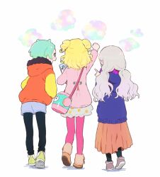 Rule 34 | 3girls, arm up, blonde hair, blue shorts, boots, brown footwear, commentary request, facing away, from behind, full body, fur-trimmed boots, fur trim, green footwear, green hair, grey hair, grey skirt, hood, hood down, idol time pripara, jacket, koda michiru, long hair, long sleeves, low twintails, machico maki, multiple girls, nijiiro nino, orange jacket, orange skirt, pantyhose, pink jacket, pink pantyhose, pleated skirt, pretty series, pripara, purple jacket, rice cooker, ringlets, short hair, shorts, simple background, skirt, smile, standing, takki (pripara), twintails, two side up, white background, winter clothes, yumekawa yui