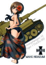 Rule 34 | 10s, 1girl, absurdres, ass, barefoot, bikini, black bikini, breasts, brown eyes, brown hair, flower, from side, girls und panzer, hair flower, hair ornament, halterneck, hibiscus, highres, looking at viewer, medium breasts, military, military vehicle, motor vehicle, nishizumi maho, o-ring, o-ring bikini, o-ring bottom, official art, parted lips, scan, short hair, sideboob, solo, swimsuit, tank, tiger i