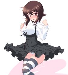 1girl :o black_bow black_bowtie black_dress black_thighhighs blush bouncing_breasts bow bow_panties bowtie breasts brown_eyes brown_hair closed_mouth collared_shirt commentary cosplay covered_erect_nipples crotch_seam dated dress female_focus girls_und_panzer highres kuzuryuu_kennosuke long_sleeves looking_at_viewer medium_breasts meme_attire nishizumi_maho one-hour_drawing_challenge panties pinafore_dress shimada_arisu shimada_arisu_(cosplay) shirt short_dress short_hair simple_background sleeveless sleeveless_dress solo standing striped_clothes striped_thighhighs thighhighs thighs twitter_username underwear w_arms white_background white_panties white_shirt