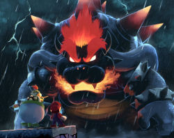 Rule 34 | 3boys, bowser, bowser jr., breath weapon, breathing fire, derivative work, electricity, fangs, fire, fury bowser, highres, koopa clown car, lightning, looking at another, mario, mario (series), multiple boys, nintendo, overalls, paintbrush, rain, red hair, red headwear, red shirt, shirt, size difference, storm, storm cloud, super mario 3d world, suyasuyabi, white eyes