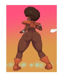 Rule 34 | 1girl, afro, anger vein, armlet, armor, ass, ass smack, bangle, boots, bracelet, brown background, brown eyes, brown hair, clenched hands, crop top, dark-skinned female, dark skin, disembodied hand, earrings, f-zero, from behind, full body, gold earrings, gradient background, hands up, highres, iggybomb, jewelry, kate alen, legs apart, looking at viewer, looking back, motion lines, nintendo, orange footwear, orange shirt, pink background, shirt, shoulder armor, slap mark, sleeveless, sleeveless shirt, solo, spanking, standing, thick thighs, thighs, thong, very dark skin, white background