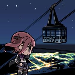 Rule 34 | 1girl, black jacket, black skirt, black thighhighs, blunt bangs, bow, bowtie, brown hair, cable car, cevio, chibi, city lights, closed mouth, expressionless, feet out of frame, floating hair, hand on own hip, horizon, jacket, long hair, long sleeves, lowres, moyasiwhite, natsuki karin, night, open clothes, open jacket, otaru (hokkaido), outdoors, pleated skirt, profile, purple bow, purple bowtie, purple eyes, real world location, romaji text, second-party source, shirt, shirt tucked in, skirt, sky, solo, standing, star (sky), starry sky, synthesizer v, thighhighs, twintails, white shirt, wind