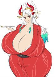 Rule 34 | 1girl, breasts, cleavage, gigantic breasts, highres, horns, japanese clothes, kimono, momijizx, one piece, red eyes, smoking pipe, tagme, thick thighs, thighs, white hair, wide hips, yamato (one piece)