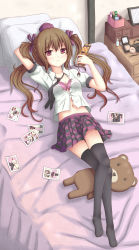 Rule 34 | 1girl, bed, black thighhighs, bra, brown hair, cellphone, cellphone charm, cellphone strap, charm (object), checkered clothes, checkered skirt, crossed legs, drawing (object), female focus, hair ornament, hair ribbon, hat, highres, himekaidou hatate, lingerie, looking at viewer, lying, makeup, mirror, navel, necktie, no shoes, on back, open clothes, open shirt, phone, photo (object), pillow, purple eyes, ribbon, shameimaru aya, shirt, sitting, skirt, solo, stuffed animal, stuffed toy, suikakitsu shiro, teddy bear, thighhighs, tokin hat, touhou, twintails, underwear, zettai ryouiki