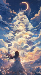 Rule 34 | 1girl, aircraft, airplane, bare shoulders, blurry, brown hair, castle, crescent moon, depth of field, dress, feet out of frame, fireworks, flying boat, from behind, highres, long hair, moon, mountain, off-shoulder dress, off shoulder, original, shiromine kana, sky, solo, star (sky), starry sky, watermark, white dress