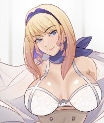 Rule 34 | 1girl, blonde hair, blue eyes, bra, breasts, constance von nuvelle, fire emblem, fire emblem: three houses, highres, ihsnet, large breasts, looking at viewer, multicolored hair, nintendo, open clothes, purple hair, solo, underwear, upper body, white bra