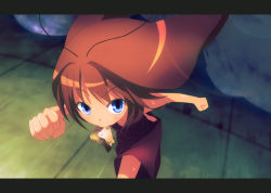 Rule 34 | 1girl, antennae, blue eyes, brown hair, bug, chaba, chaba (gokicha), cockroach, dress, gokicha, insect, letterboxed, long hair, mini person, minigirl, mouth hold, personification, running, solo, tanashi (mk2)