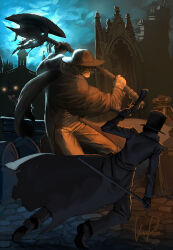 Rule 34 | 2boys, architecture, artist name, axe, bandaged hand, bandages, bloodborne, brown headwear, cane, cityscape, cloud, cloudy sky, coat, cobblestone, fangs, father gascoigne, fighting, from behind, gothic architecture, grass, graveyard, growling, gun, hat, holding, holding axe, holding cane, holding gun, holding weapon, hunter (bloodborne), lamppost, male focus, moonlight, multiple boys, night, open mouth, pants, sky, tombstone, top hat, vestments, video game, vinceprice (pixiv), weapon, wide brim