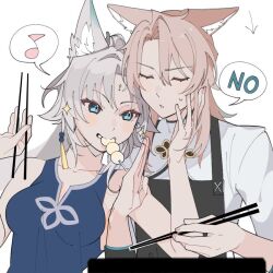 1boy 1girl alternate_costume animal_ears apron blue_eyes blush chopsticks closed_eyes closed_mouth couple earrings feixiao_(honkai:_star_rail) fox_boy fox_ears fox_girl heart hetero honkai:_star_rail honkai_(series) jewelry jiaoqiu_(honkai:_star_rail) long_hair musical_note sanshiro_gnsn shirt simple_background speech_bubble spoken_musical_note sweat upper_body white_background white_shirt