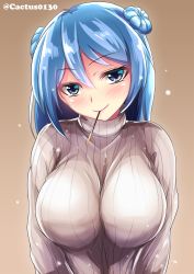 Rule 34 | 10s, 1girl, alternate costume, blue eyes, blue hair, breasts, brown background, double bun, eyebrows, food, gradient background, hair between eyes, hair bun, highres, kantai collection, large breasts, looking at viewer, loussier666, matching hair/eyes, mouth hold, pocky, pocky day, simple background, smile, solo, sweater, twitter username, upper body, urakaze (kancolle)