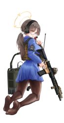 Rule 34 | 1girl, absurdres, black pantyhose, blue archive, blue skirt, blue sweater, blush, breasts, brown eyes, brown hair, clov3r, full body, glasses, gun, halo, headphones, headset, highres, holding, holding gun, holding weapon, large breasts, long hair, long sleeves, moe (blue archive), no shoes, pantyhose, pleated skirt, round eyewear, simple background, skirt, soles, solo, sweater, toes, tongue, tongue out, twintails, weapon, white background, yellow halo