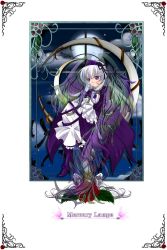 Rule 34 | 00s, doll, flower, goth fashion, highres, lace, moon, night, purple eyes, rose, rozen maiden, silver hair, solo, suigintou, wings