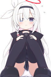 Rule 34 | 1girl, ayanepuna, black choker, black footwear, black hairband, black sailor collar, black serafuku, black shirt, black skirt, black thighhighs, blue archive, blush, choker, closed mouth, collarbone, commentary request, flying sweatdrops, grey eyes, hair over one eye, hair ribbon, hairband, halo, hands on own knees, hands up, highres, knees up, long sleeves, looking at viewer, panties, plana (blue archive), ribbon, sailor collar, school uniform, serafuku, shirt, shoes, simple background, sitting, skirt, sleeves past wrists, solo, sweat, thighhighs, underwear, white background, white hair, white panties, white ribbon