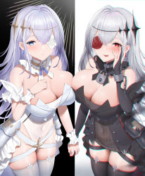 Rule 34 | 2girls, :q, azur lane, bare shoulders, black dress, black legwear, blue eyes, breasts, chain, cleavage, closed mouth, covered navel, dress, emden (azur lane), flower in eye, futon fly away, grey hair, highres, holding hands, large breasts, leotard, lock, looking at viewer, multiple girls, red eyes, smile, symbol in eye, thighhighs, tongue, tongue out, white legwear, white leotard
