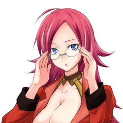 Rule 34 | 00s, 10s, 1girl, :o, adjusting eyewear, blue eyes, breasts, cleavage, fate/extra, fate/stay night, fate (series), francis drake (fate), glasses, long hair, looking at viewer, open mouth, red hair, simple background, solo, upper body, white background, zanku