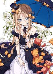 Rule 34 | 1girl, abigail williams (fate), absurdres, alternate costume, bad id, bad pixiv id, bare shoulders, black bow, black dress, black hat, black ribbon, blonde hair, blue eyes, blue umbrella, blush, bow, closed mouth, collar, collarbone, detached collar, dress, fate/grand order, fate (series), flower, frilled dress, frills, hair between eyes, hair bow, hat, head tilt, highres, holding, holding umbrella, lily (flower), long hair, looking at viewer, mini hat, mini top hat, neck ribbon, off-shoulder dress, off shoulder, orange bow, osanai, parasol, parted bangs, polka dot, polka dot bow, ribbon, solo, stuffed animal, stuffed toy, teddy bear, tilted headwear, top hat, umbrella, very long hair, white background, white collar, white flower, wrist cuffs