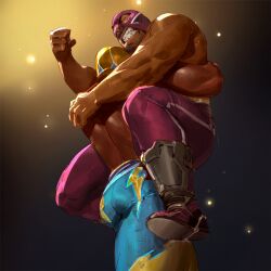 Rule 34 | 2boys, ass, bara, bodysuit, clenched hand, clenched teeth, dark-skinned male, dark skin, feet out of frame, from below, luchador mask, male focus, multiple boys, muscular, muscular male, original, pink bodysuit, singlet, teeth, thick thighs, thighs, tooboshoo, topless male, victory, wrestling, wrestling boots, wrestling mask, wrestling outfit