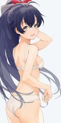 Rule 34 | 1girl, antenna hair, arm up, ass, bare shoulders, black hair, blue eyes, bra, breasts, commentary request, cowboy shot, crossed bangs, fang, from behind, ganaha hibiki, hair between eyes, hair intakes, hair ribbon, high ponytail, highres, hiroki (yyqw7151), idolmaster, idolmaster (classic), light blush, looking back, open mouth, panties, red ribbon, ribbon, simple background, skindentation, small breasts, smile, solo, underwear, underwear only, white bra, white panties