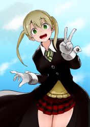 Rule 34 | 1girl, absurdres, blonde hair, gloves, green eyes, green necktie, highres, long hair, long sleeves, looking at viewer, maka albarn, mumyouki, necktie, open mouth, plaid, plaid skirt, pleated skirt, skirt, smile, solo, soul eater, striped necktie, twintails, v, white gloves