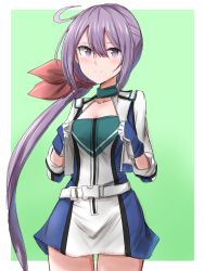 Rule 34 | 1girl, absurdres, akebono (kancolle), blue gloves, cowboy shot, fingerless gloves, flat chest, flower, gloves, green background, hair flower, hair ornament, highres, jacket, kamaboko senshi, kantai collection, long hair, official alternate costume, purple eyes, purple hair, race queen, side ponytail, solo, two-tone dress, very long hair, white jacket