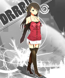 Rule 34 | 1girl, alternate costume, alternate hairstyle, bad id, bad pixiv id, bare shoulders, black eyes, black hair, black thighhighs, bow, breasts, cleavage, cross, dress, durarara!!, earrings, female focus, full body, garter straps, hair ornament, hairclip, high heels, jewelry, kaminamikin, kannamikoto, miniskirt, necklace, partially colored, shoes, skirt, small breasts, solo, spaghetti strap, thighhighs, yagiri namie, zettai ryouiki