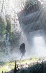 Rule 34 | 2girls, abandoned, absurdres, arms at sides, asteroid ill, backpack, bag, black jacket, building, cityscape, day, fog, grass, grey pants, highres, jacket, light rays, long hair, long sleeves, moss, multiple girls, original, outdoors, overgrown, pants, post-apocalypse, river, ruins, scenery, shadow, skyscraper, tree, walking, water, waterfall, wide shot