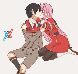 Rule 34 | 10s, 1boy, 1girl, arm around neck, black hair, black pantyhose, blush, boots, brown footwear, closed eyes, commentary request, couple, darling in the franxx, face-to-face, facing another, forehead-to-forehead, green eyes, hair ornament, hairband, hand on another&#039;s arm, hand on another&#039;s chest, hand on another&#039;s shoulder, heads together, hetero, highres, hiro (darling in the franxx), horns, kiss, long hair, long sleeves, looking at another, mady (madine08260), military, military uniform, necktie, oni horns, pantyhose, pink hair, red horns, red neckwear, seiza, shoes, short hair, sitting, socks, uniform, white footwear, white hairband, zero two (darling in the franxx)