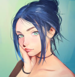 Rule 34 | 1girl, aqua eyes, black choker, blue hair, bracelet, choker, closed mouth, commentary request, dated commentary, earrings, green background, hand on own cheek, hand on own face, hand up, highres, jewelry, lips, looking at viewer, nababa, original, portrait, short hair, simple background, solo