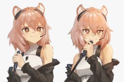 Rule 34 | 1girl, animal ear fluff, animal ears, arknights, armor, bare shoulders, black jacket, blush, breastplate, closed mouth, dagger, gravel (arknights), headset, highres, holding, holding weapon, jacket, knife, long hair, long sleeves, multiple views, open clothes, open jacket, pink hair, radioneet, simple background, smile, smug, upper body, weapon, white background