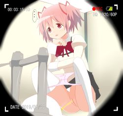 Rule 34 | 1girl, absurdres, censored, cleft of venus, hair ribbon, hand on own chin, highres, kaname madoka, madomine, mahou shoujo madoka magica, panties, panty pull, peeing, pink eyes, pink hair, pussy, recording, ribbon, school uniform, solo, squat toilet, squatting, thighhighs, toilet, toilet use, twintails, underwear, white thighhighs