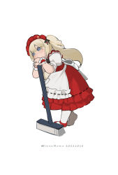 Rule 34 | 1girl, apron, blonde hair, broom, dress, elena zao, final fantasy, final fantasy xiv, flat chest, frilled dress, frills, full body, highres, holding, holding broom, lalafell, large ribbon, leaning on broom, leaning to the side, maid, maid apron, maid headdress, red dress, red footwear, red headdress, ribbon, scrunchie, signature, simple background, solo, twintails, waist ribbon, warrior of light (ff14), white background, white ribbon, wrist scrunchie