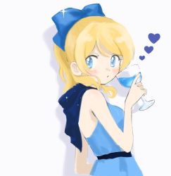 Rule 34 | 1girl, :o, artist request, ayase eli, bare shoulders, blonde hair, blue bow, blue dress, blue eyes, blue skirt, blush, bow, breasts, cup, dress, drinking glass, female focus, from behind, hair between eyes, hair bow, heart, highres, holding, holding drinking glass, long hair, looking at viewer, looking back, love live!, love live! school idol project, medium breasts, panties, parted lips, ponytail, skirt, smile, solo, sparkle, underwear, white background